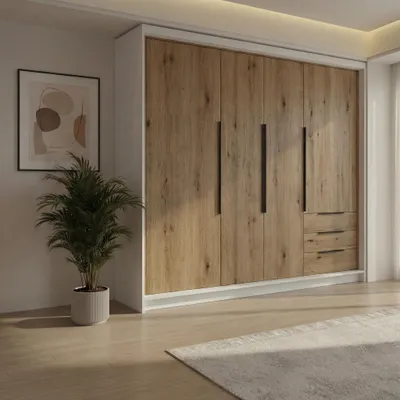 Produktbild von Geräumiger vier-türiger Kleiderschrank KLARI mit Schubladen und Metallgriffen – modernes Design