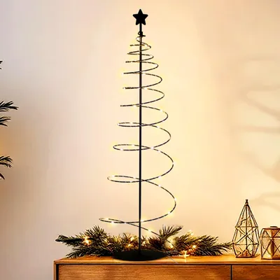 Produktbild von Spiral Weihnachtsbaum mit 47 LED aus Metall in schwarz mit Timer - 80 cm - Lichterbaum mit Stern Spitze warm weiß beleuchtet Batterie betrieben