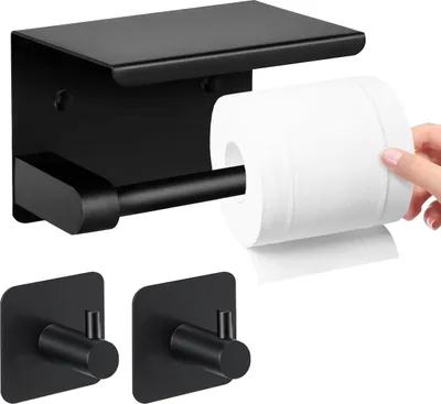 Produktbild von Selbstklebender Toilettenpapierhalter mit Ablage – Edelstahl, schwarz, ohne Bohren, 2 Klebehaken