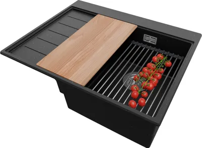 Produktbild von PRIMAGRAN Spülbecken Schwarz Metallic 62x50cm, Granitspüle 1 Becken + Ablauf-Set + Küchenzubehörset, Küchenspüle ab 40er Unterschrank - Sydney
