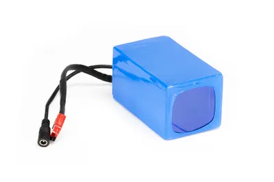 A blue lithium-ion battery pack with attached wires and connectors, isolated on a white background.