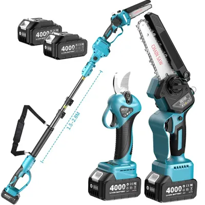 Image de Élagueur électrique - Télescopique 3-en-1 - Moteur sans balais - Lame de 15 cm - Tige télescopique de 2,4 mètres - 2 batteries de 4,0 Ah - Pour l'élagage du jardin