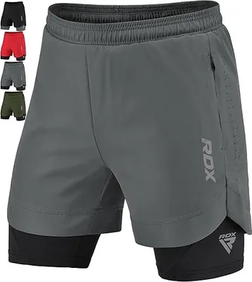 Produktbild von RDX Herren Laufshorts, 2-in-1 Sportliche Atmungsaktive Kurze Kompressionshose, 2 Reißverschluss- und 2 Handytaschen, Leicht