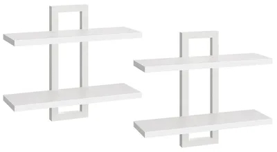 Image de Étagères murales suspendues, étagère murale à deux niveaux, lot de 2 étagères suspendues, étagères murales pour salle de bains, étagères murales de 38 cm, pour salon, chambre, cuisine, blanc EWW32BJ01