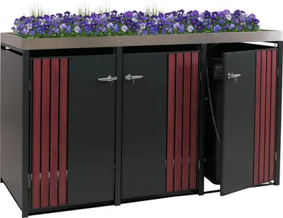 Zdjęcie produktu dla 3-pojemnikowa pokrywa kosza na śmieci HWC-O67, pojemnik na śmieci z donicą, metal 125x196x84cm 75kg ~ antracyt ciemny wygląd drewna