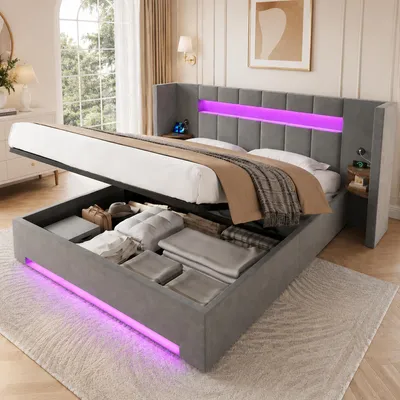 Image de Lit tapissier 160x200 cm, velours gris, avec tête de lit, espace de rangement et système hydraulique. Éclairage LED, port de charge USB. Structure de lit silencieuse pour chambre à coucher. Sans matelas