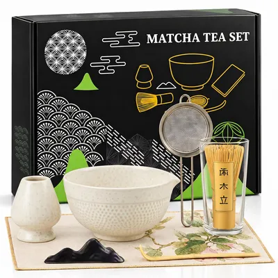 Productafbeelding van Roxlin Matcha Thee Set (7-delig), keramiek, bamboe matcha garde, handgemaakte kom, zeef en accessoires - wit