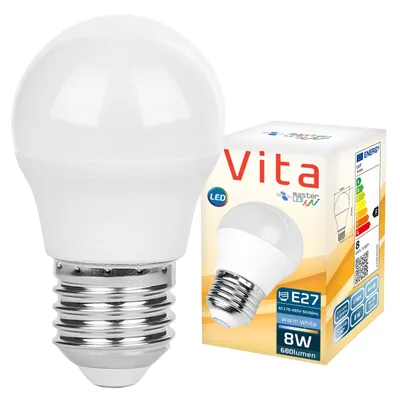 A white LED light bulb and its packaging are shown against a white background.