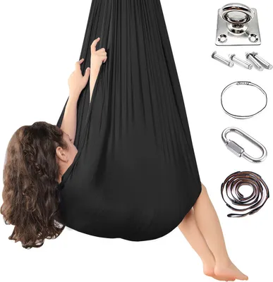 Produktbild von Kinderhängematte, Indoor-Therapie-Kuschelschaukel mit 360 ° drehbarer Deckenhaken, verstellbare Yoga-Lufthängematte Schwarz