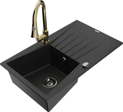 Produktbild von Mexen Cesar 1 Becken-Granitspüle mit Abtropffläche und Mischbatterie Elia, Schwarz - 6514-77-670101-50-B