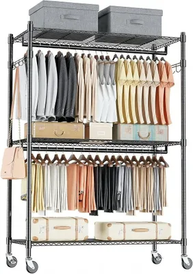 Produktbild von Doppelter Kleiderständer/Kleiderstange mit Höhenverstellbaren Ablage,Kleiderständer auf Rollen, Stabiles Metall,Schwerlast-Kleiderständer mit 2 Haken, 90 * 42 * 205cm, Schwarz