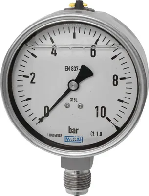 Produktbild von Riegler Glyzerinmanometer, CrNi-Stahl, E-Skala, G 1/4 unten, 0-100,0 bar, Ø 63