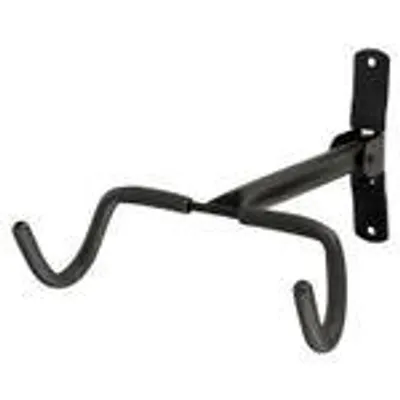 A black metal bicycle wall mount is shown against a white background.