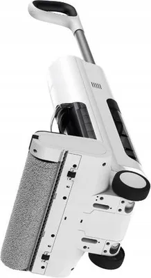 A white cordless vacuum cleaner with a mop attachment is shown in a studio setting.