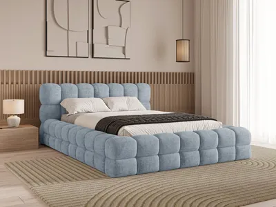 Produktbild von Chilly Möbel Design Bett Verona - Einzigartiges Polsterbett mit stabilem Metallrahmen, Bettkasten, Lattenrost und markantem Kopfteil 140x200 cm / Cord / Hellblau