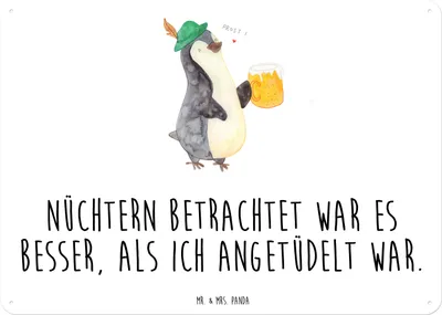 Produktbild von Mr. & Mrs. Panda Metallschild Pinguin Bier DIN A3 - Weiß - Geschenk, Türschild, Blechtafel, Betrunken, , Wandbild, tafel, Blechschild, Schild, Angetüdelt