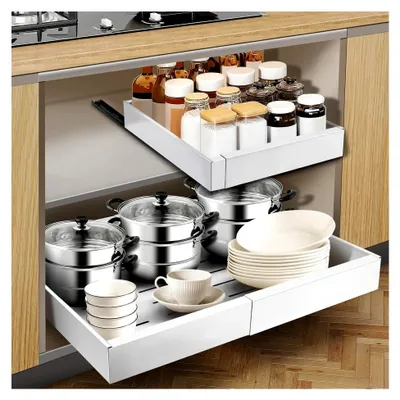 Produktbild von Teleskopschublade, Breitenverstellbar von 32-52 cm, Schubladenorganizer aus Kohlenstoffstahl für die Küche, Ausziehbarer Schrankorganizer (Weiß)