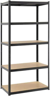 A tall, five-shelf metal storage rack with wooden shelves, shown against a white background.