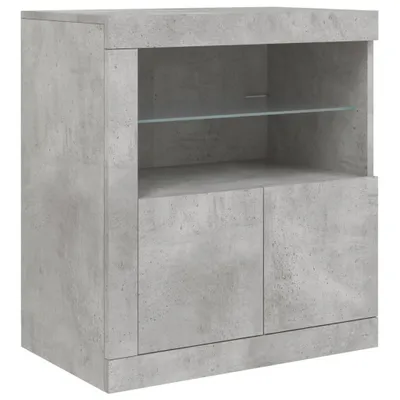 A concrete-effect sideboard with two doors and an open shelf with a glass shelf.