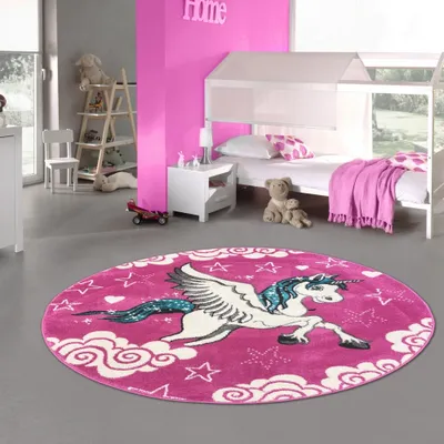 Produktbild von Kinderteppich Spielteppich Kinderzimmer Teppich Einhorn Design mit Konturenschnitt Pink Creme Türkis Größe - 120 cm Rund