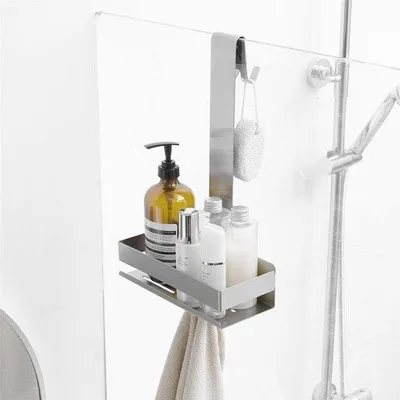 Produktbild von Unyqoos® Aufhängbares Duschregal ohne Bohren – rostbeständig, Einhängen an Duschglas bis 1,5 cm, Ablage 23×10×6,5 cm, Aufhängung 39,5×5 cm