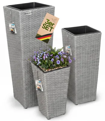 Produktbild von CASARIA Blumentopf 3er Set Polyrattangeflecht Übertopf Wasserabfluss Rattanoptik Outdoor Pflanzkübel Blumenkasten Grau