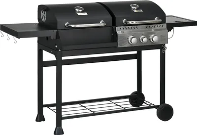 A black and silver gas and charcoal grill is shown against a white background.