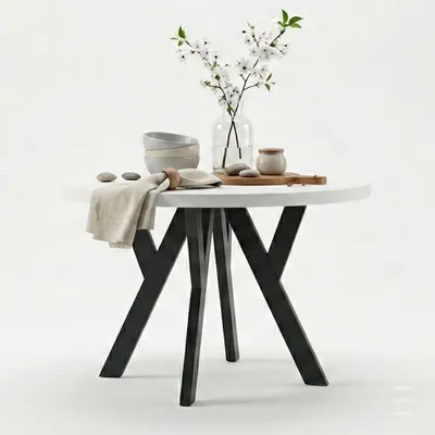 Produktbild von Runder Ausziehbarer Tisch für Esszimmer, PERO, Loft-Stil, Skandinavische, Durchmesser: 80 / 130 cm, Farbe: Weiß / Schwarz