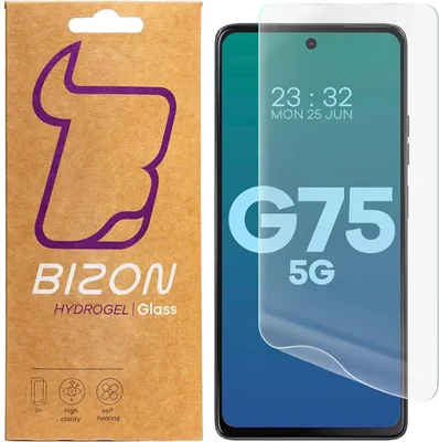 The image shows the packaging for a Bizon Hydrogel Glass screen protector for a Motorola Moto G75 5G, alongside a depiction of the phone with the screen protector applied.