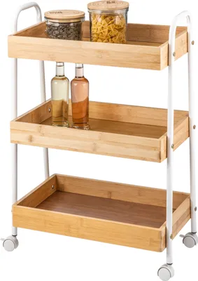 Immagine prodotto di carrello da cucina eluno a 3 livelli, carrello di servizio in bambù e metallo bianco