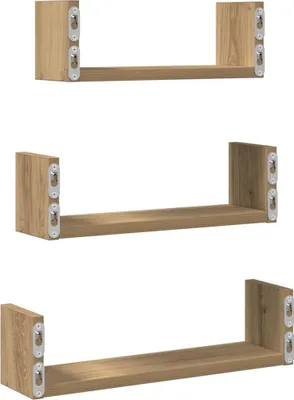 Three wooden shelves of increasing size are displayed against a white background.