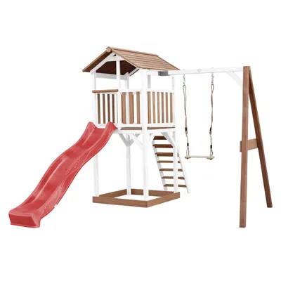 Produktbild von AXI Beach Tower Spielturm aus Holz in Braun & Weiß | Spielhaus für Kinder mit roter Rutsche, Schaukel und Sandkasten | Stelzenhaus für den Garten