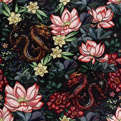 Immagine prodotto di Tessuto di velluto reale in poliestere per cucito - motivo del drago cinese con fiori