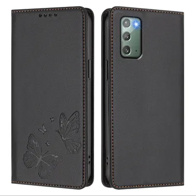 Image de Étui en cuir pour Samsung Galaxy Note 20, motif papillon en relief, étui portefeuille à rabat avec support, noir
