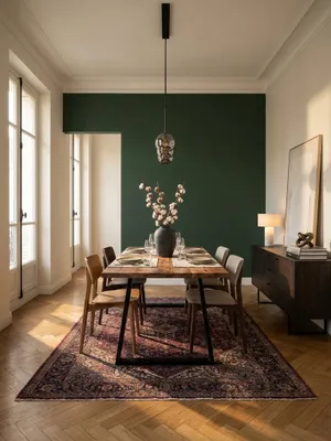 Eleganter Esstisch aus massivem Akazienholz mit schwarzen U-Beinen als Mittelpunkt eines modernen Esszimmers mit Fischgrätparkett und hoher Decke._#sku_SAFWL7.257#