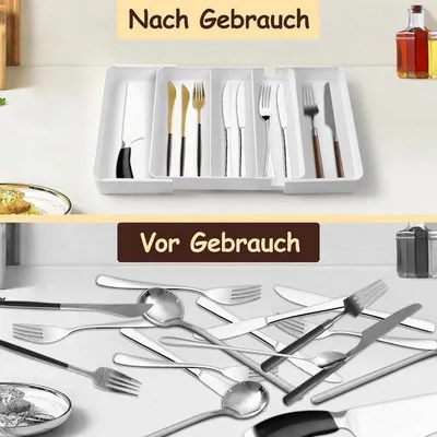 Produktbild von Unyqoos® Ausziehbarer Besteck-Organizer – Weiß, PP, 5 Fächer, flexibler Schubladeneinsatz für Küche, Bad & Büro