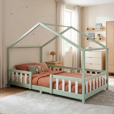 Immagine prodotto di Letto per bambini 'Treviolo' in look casa con protezione anticaduta in legno di pino 120 x 200 cm verde menta / bianco