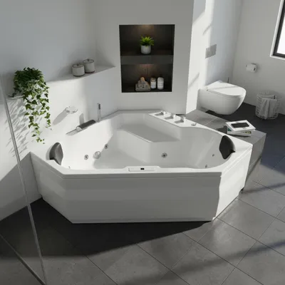 Produktbild von Caribia LUXUS Whirlpool  Badewanne Samoa Premium / 145x145  - 24 Massagedüsen, Wasserfall, 2x große LED, Bluetooth & Radio und Touchpanel