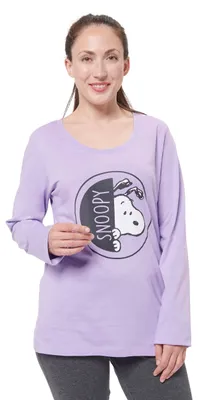 Produktbild von The Peanuts Schlafanzug für Damen Snoopy - Frauen Pyjama Set Langarm Oberteil mit Hose Lila/Schwarz S