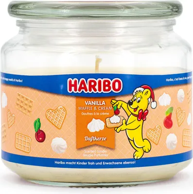 Zdjęcie produktu dla Świeca zapachowa Haribo™ o zapachu waniliowo-waflowym, świeca zapachowa w szklanym słoiku, 300 g, czas palenia 50 godzin