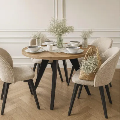 Produktbild von Runder Ausziehbarer Tisch für Esszimmer, LORA, Loft-Stil, Skandinavische, Durchmesser: 90 / 140 cm, Farbe: Eiche Craft Golden / Schwarz