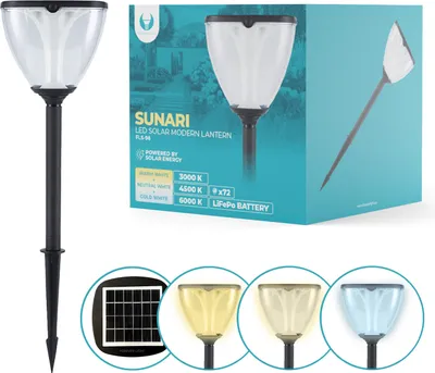 A product shot of a solar lantern and its packaging, along with close-ups of different light colors and a solar panel.