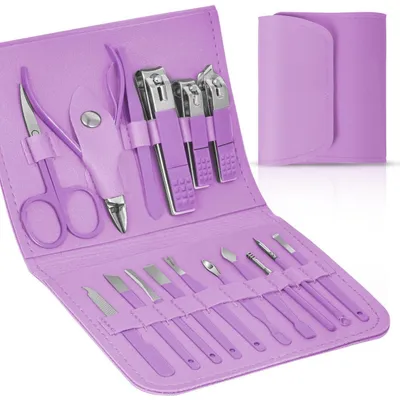 Zdjęcie produktu dla Zestaw do manicure, 16 elementów, z etui skórzanym, przeznaczony do pielęgnacji dłoni, stóp i twarzy, kolor fioletowy