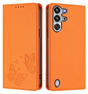 Produktbild von Lederhülle für ZTE nubia RedMagic 10 Pro, Schmetterling Prägung Leder Brieftasche Schutzhülle mit Ständer Orange