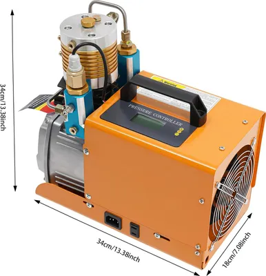 A portable high-pressure air compressor with a digital display and fan.