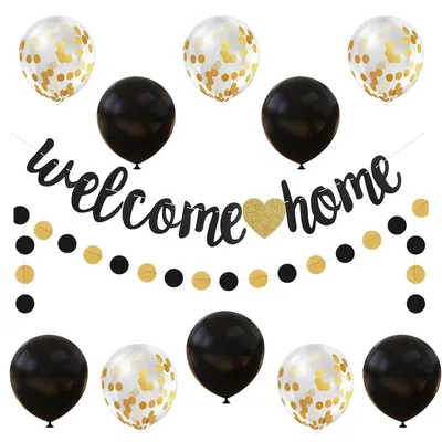 Image de Kit de décoration "Bienvenue chez vous" noir et or, comprenant une guirlande et des ballons, idéal pour les fêtes