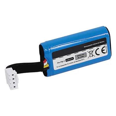 A blue rechargeable lithium-ion battery with a white connector and wires.
