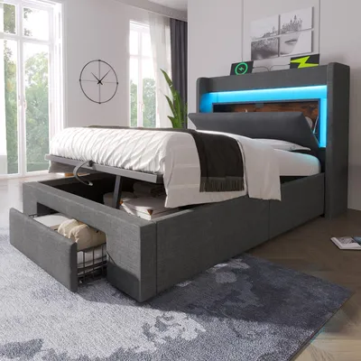 Image de Lit avec sommier tapissé, dimensions 90x200, espace de rangement hydraulique, rangement intégré à la tête de lit, éclairage LED, ports USB et USB-C, lattes en bois, tissu en lin, sans matelas.