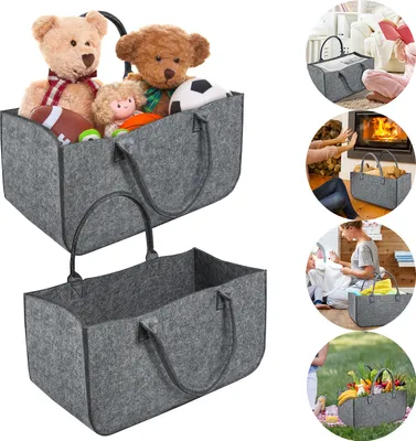 Produktbild von LZQ 2 Stück Filztaschen Kaminholztasche Filz Kaminholzkorb Filztasche Shopper für Holz Zeitungen Kaminholz Filztasche, Hellgrau