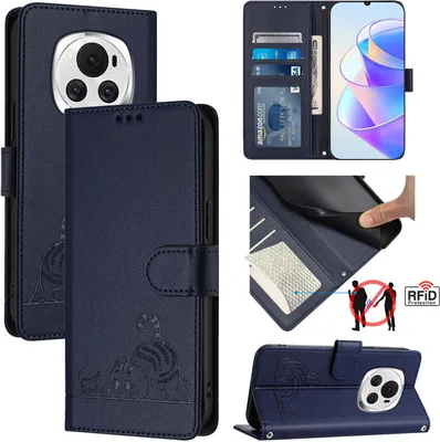 Produktbild von Leder Hülle für Honor Magic6 Süße Katze Flip Case Brieftasche Schutzhülle mit Standfunktion Blau